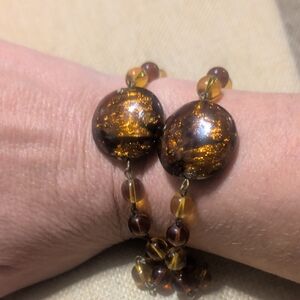 Vintage Amber and Gold Fleck Disc Link Bracelet - Mid-Century Mod Chunky Beads